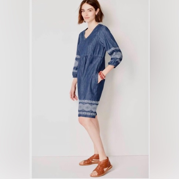 J. Jill Dresses & Skirts - J. Jill Denim Embroidered Indigo Peasant Dress Luna Wash Multi Size: Medium